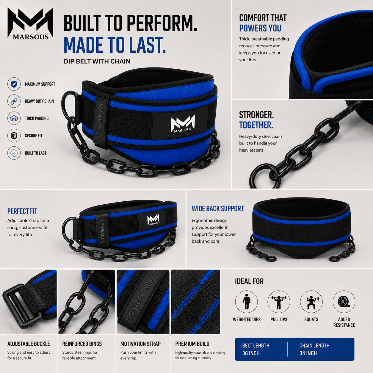Marsous BlueTitan Weighted Dip Belt – Premium Heavy-Duty Dip Belt with Black Steel Chain - Image 2